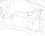 2026 5_fingers 5_toes absurd_res anthro bear bedding belly big_belly biped blanket brown_bear camping_tent chubchow claws crotch_tuft detailed_background digital_drawing_(artwork) digital_media_(artwork) eyebrows featureless_crotch feet finger_claws fingers fluffy fur furniture grizzly_bear hair hand_behind_head hand_behind_own_head hand_on_belly handpaw hi_res inside_tent kuruk_(character) looking_at_viewer lying male male_anthro mammal mane mane_hair monochrome nude nude_anthro nude_male on_back on_ground on_pillow open_mouth overweight overweight_anthro overweight_male paws pillow plantigrade rear_view sharp_teeth short_ears short_fur sketch slightly_chubby slightly_chubby_anthro slightly_chubby_male small_ears snout solo teeth tent three-quarter_view toe_claws toes tongue tuft ursidae ursine ursine_ears