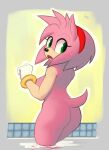 absurd_res accessory amy_rose anthro bracelet breasts butt clothing embarrassed female fur gloves green_eyes handwear headband hi_res jewelry looking_at_viewer looking_back nude pink_body pink_fur sega side_boob simple_background sketch solo sonic_the_hedgehog_(series) swimming_pool tail tkraccoon water