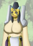 absurd_res anthro armor bandai_namco big_breasts biped blue_eyes breasts clothing digimon digimon_(species) fangs female female_anthro fur hat headgear headwear hi_res mammal orange_body orange_fur renamon solo standing taomon teeth un_gato_cualquiera yellow_body