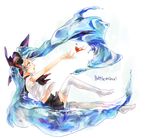  artist_name blue_hair bottle_miku character_name fish hair_ribbon hatsune_miku highres liquid_hair long_hair mp0612 open_mouth ribbon school_uniform serafuku sitting skirt solo thighhighs twintails very_long_hair vocaloid water white_background 