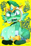 angry anthro aquatic armor big_breasts bloons_tower_defense blue_eyes blush blush_lines bodily_fluids breasts embarrassed female glistening glistening_breasts goatboydraws green_body green_skin haplorhine headgear helmet hi_res looking_at_viewer mammal merfolk mermonkey_(bloons) monkey ninja_kiwi open_mouth pasties pasties_only primate sharp_teeth simple_background slightly_chubby solo split_form sweat sweatdrop talking_to_viewer teeth thick_thighs tongue yelling_at_viewer yellow_background