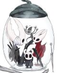 2026 2_horns 4_arms 4_fingers absurd_res ambiguous_gender anthro arthropod bandage biped black_body black_eyes cloak clothed clothing collector_(hollow_knight) container empty_eyes female_(lore) fingers group half_sister_(lore) hi_res hirakue012 hollow_knight_(character) hollow_knight_(franchise) horn hornet_(hollow_knight) in_container in_jar jar larger_ambiguous melee_weapon motion_lines multi_arm multi_limb one_eye_obstructed red_cloak red_clothing shadow sibling_(lore) simple_background sister_(lore) size_difference smaller_ambiguous standing team_cherry the_knight_(hollow_knight) vessel_(species) weapon white_background white_eyes