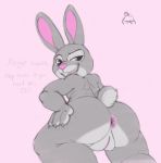  anthro anus bonnie_hopps buckteeth butt dialogue disney english_text female hand_on_hip hi_res lagomorph looking_back mammal presenting presenting_hindquarters pussy rabbit salaciouslx simple_background solo teeth text zootopia 