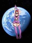  arms_up blurry bosei_senshi_uterus breasts cleavage depth_of_field earth gaden gloves huge_breasts large_breasts lipstick looking_at_viewer makeup no_bra outdoors pink_lips pink_lipstick revealing_clothes short_dress smile solo space thigh_boots zettai_ryouiki 