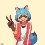 absurd_res anthro black_ears blue_hair blue_tail brand_new_animal brown_markings canid canine claws clothed clothing crocodoodles dipstick_hair dipstick_tail female finger_claws gesture gloves_(marking) hair hand_gesture hi_res jacket mammal markings michiru_kagemori open_clothing open_jacket open_mouth open_smile open_topwear pink_tongue pointy_ears prick_ears raccoon_dog red_clothing red_jacket red_topwear shirt signature simple_background smile solo stripes studio_trigger tail tail_markings tan_body tan_skin tanuki teeth tongue topwear v_sign white_clothing white_shirt white_stripes white_topwear yellow_background