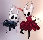 2025 ambiguous_gender anthro arachnid arthropod black_body black_cloak black_clothing brother_(lore) cape cloak clothing dated duo empty_eyes female gradient_background half-siblings half_brother_(lore) half_sister_(lore) hi_res holding_object holding_weapon hollow_knight_(franchise) horn hornet's_needle hornet_(hollow_knight) joakaha mouthless nail_(weapon) red_cloak red_clothing red_eyes sibling_(lore) signature simple_background sister_(lore) spider team_cherry the_knight_(hollow_knight) vessel_(species) weapon white_head