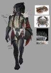 absurd_res alien alien_humanoid anthro arm_blade black_eyes bone_armor bottomwear carapace claw_(weapon) clothed clothing colored english_text fishnet_clothing furgonomic_jewelry furgonomic_piercing furgonomics hi_res humanoid leafjuly loincloth male mandibles melee_weapon model_sheet not not_furry piercing plantigrade predator_(franchise) pseudo_hair sharp_teeth simple_background solo standing teeth tentacle_hair tentacle_jewelry tentacle_piercing tentacle_ring tentacles text weapon yautja