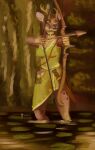 2026 5_fingers accessory anthro antlers arrow_(weapon) art_fight artfight2026 biped bow_(weapon) breasts clothed clothing deer english_text female fingers forest hair hi_res holding_bow_(weapon) holding_object holding_ranged_weapon holding_weapon horn leprzil mammal melee_weapon one_eye_closed partially_submerged plant ranged_weapon river signature solo standing text tree water weapon