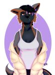2022 anthro arm_markings arms_bent barbell_piercing biped black_body black_bottomwear black_clothing black_eyebrows black_fur black_hair black_inner_ear black_nose black_pants black_tail bottomwear breasts canid canine cheek_tuft closed_frown clothed clothed_anthro clothed_female clothing colored cross_fox digital_drawing_(artwork) digital_media_(artwork) english_description eyebrows eyelashes facial_tuft fangs female female_anthro fox front_view frown fully_clothed fully_clothed_anthro fully_clothed_female fur fur_markings grey_body grey_fur grey_tail hair half-length_portrait hi_res highlights_(coloring) jacket light lighting mammal markings medium_breasts medium_hair monstergirlreality mouth_closed multicolored_body multicolored_fur multicolored_hair multicolored_tail open_clothing open_jacket open_topwear orange_markings outline oval pants piercing portrait purple_highlights red_eyes red_fox shaded shirt signature simple_background solo standing szorn_(szorn) tail tail_markings tan_clothing tan_jacket tan_topwear tank_top teeth topwear true_fox tuft two_tone_hair white_background white_clothing white_outline white_sclera white_shirt white_tank_top white_topwear