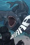 ambiguous_gender anthro aquatic back_muscles bubble claws digital_drawing_(artwork) digital_media_(artwork) diving diving_mask duo english_text eyewear female fin fish gaping_mouth goggles hi_res human kaiser_oof9 mammal mask mouth_shot muscular onomatopoeia open_mouth rock sand scar scars_on_tail scuba_gear shark sharp_teeth size_difference sound_effects tail teeth text thick_tail tongue underwater water wetsuit white_eyes