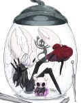 2026 2_horns 4_arms 4_fingers absurd_res ambiguous_gender anthro arthropod bandage biped black_body black_eyes cloak clothed clothing collector_(hollow_knight) container cracks crystal empty_eyes female_(lore) fingers group half_sister_(lore) hi_res hirakue012 hollow_knight_(character) hollow_knight_(franchise) horn hornet_(hollow_knight) in_container in_jar jar larger_ambiguous melee_weapon midair motion_lines multi_arm multi_limb one_eye_obstructed red_cloak red_clothing shadow sibling_(lore) simple_background sister_(lore) size_difference smaller_ambiguous standing team_cherry the_knight_(hollow_knight) vessel_(species) weapon white_background white_eyes
