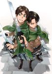  ascot bad_id bad_pixiv_id belt black_eyes black_hair boots brown_hair cape dual_wielding eren_yeager green_eyes holding indesign jacket levi_(shingeki_no_kyojin) multiple_boys paradis_military_uniform shingeki_no_kyojin short_hair sword thigh_strap three-dimensional_maneuver_gear weapon wire 