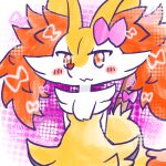 1:1 2024 :3 accessory annyui0611 anthro blush blush_stickers bow_ribbon braixen breasts canid digital_drawing_(artwork) digital_media_(artwork) dipstick_tail female female_anthro front_view generation_6_pokemon hair hair_accessory hair_bow hair_ribbon half-length_portrait hands_behind_back hi_res japanese_description looking_at_viewer mammal markings messy_hair mouth_closed nintendo object_in_tail pokemon pokemon_(species) portrait ribbons simple_background small_breasts solo stick stick_in_tail tail tail_markings translated_description