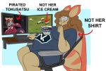 2026 anthro arthropod ben_&amp;_jerry's brown_hair chair clothing computer_keyboard computer_monitor dessert digital_drawing_(artwork) digital_media_(artwork) directional_arrow eating_ice_cream english_description english_text eyewear female food furniture gaming glasses grey_clothing grey_shirt grey_t-shirt grey_topwear hair hi_res ice_cream insect kamen_rider kaylie_(zenzzohyr) kuuga_(kamen_rider) lepidopteran long_hair markings moth nanotrasen navel navel_outline office_chair on_chair orange_body orange_markings outie_navel oversized_clothing oversized_shirt oversized_topwear pregnant pregnant_anthro pregnant_female rectangular_glasses red_eyes shirt sitting sitting_on_chair solo space_station_13 t-shirt tan_body text topwear wearing_glasses zenzzohyr