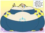 3_toes 4_fingers anthro belly big_belly big_breasts black_claws black_nose blue_eyes border bottomwear breasts brown_pawpads cheetah claws cleavage clothed clothing dipstick_tail english_text eyewear feet felid feline female fingers fur ginny_the_fat_bear glasses hair hi_res huge_belly huge_breasts hyper hyper_belly looking_at_viewer mammal markings multicolored_body multicolored_fur open_mouth pants pawpads red_tongue shirt solo spots tail tail_markings talking_to_viewer tan_hair text toes tongue topwear wearing_glasses white_border yellow_body yellow_fur