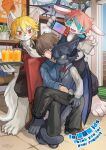 2_tails ace_heart_(ids) anthro aquatic beverage black_body black_bottomwear black_clothing black_hair black_jacket black_pants black_topwear blonde_hair bottomwear bow_tie butler canid canine canis chair chair_position clothing container curled_horn demon demon_cat_(ids) domestic_cat excited felid feline felis fish footwear from_behind_position furniture gesture green_body green_eyes group hair hand_gesture hi_res horn hug human ice ice_cube ids_(user) jacket jar juice_(beverage) lagomorph latex_bunny_(ids) leporid male male/male mammal multi_tail nintendo nintendo_console nintendo_switch on_chair on_lap orange_juice pants plate pointing rabbit red_bow_tie red_clothing red_eyes red_hair red_jacket red_topwear scut_tail sex shell shoes short_tail sitting sitting_on_chair sitting_on_lap slippers tail topwear white_body white_tail wolf