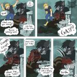 1:1 5_panel_comic aggressive artist_logo barefoot bathroom black_body black_clothing black_hair black_sclera black_shirt black_topwear blonde_hair blue_eyes bodily_fluids border_collie bottomwear canid canine canis cheek_tuft cigarette cigarette_in_mouth clothed clothing collie comic cough crying desperation dialogue domestic_dog dunk english_text facial_tuft feet fur gasping_for_air grey_body grey_fur group hair hand_on_head head_in_toilet herding_dog hi_res husky hybrid interrogation jeremy_(kriek_wildebeest) kneeling kriek_wildebeest logo male mammal multiple_scenes name_in_dialogue nordic_sled_dog object_in_mouth pants pastoral_dog pawpads portuguese_water_dog profanity raised_arms ravi_(kriek_wildebeest) red_hair sheepdog shirt smoking smoking_cigarette spitz sweater tears text toilet tom_(kriek_wildebeest) topwear trio tuft wide_eyed wolf yellow_body yellow_eyes yellow_fur