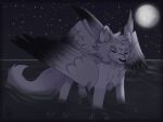 4:3 airymiller back_wings black_body black_fur calm dark eyes_closed felid feline feral fluffy fluffy_tail folded_wings full-length_portrait fur hi_res male mammal moon night peaceful portrait scenery sky solo star tail water white_body white_fur wings