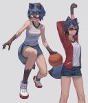 anthro ball basketball_(ball) blue_hair blue_tail bottomwear brand_new_animal breasts brown_markings canid canine claws clothed clothing dipstick_hair dipstick_tail eyes_closed facial_markings female finger_claws fluffy fluffy_tail footwear gloves_(marking) hair head_markings hi_res jacket leg_markings mammal markings mask_(marking) maxk5551 michiru_kagemori multicolored_eyes open_clothing open_jacket open_topwear raccoon_dog raised_arm red_clothing red_jacket red_topwear shirt shoes shorts smile socks_(marking) solo studio_trigger tail tail_markings tan_body tan_skin tank_top tanuki topwear white_clothing white_shirt white_tank_top white_topwear