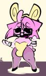 anthro black_eyes bulge bunny_costume clothed clothing costume crossdressing dot_eyes embarrassed eyewear fake_ears fake_rabbit_ears glasses hair hi_res jerry_capshell leggings legwear male nylons open_mouth pink_body pink_hair pink_skin rectangular_glasses shell_hat simple_eyes solo spiral_stream_derby thefablednekos