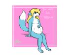 ambiguous_gender anthro belly belly_overhang belly_rub big_belly blonde_hair blue_body blue_fur blush bodily_fluids canid canine dialogue diego_the_fox_(scrungo) drooling duo fox fur hair hand_on_belly heart_pupils heart_symbol long_hair mammal navel overweight patting_belly saliva sitting solo speech_bubble squirming tongue tongue_out true_fox tumbeetle vore