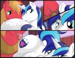 2026 barn belly big_belly big_macintosh_(mlp) blue_eyes blue_mane blue_tail blush blush_lines bodily_fluids body_outline colored comic command detailed_background duo equid equine exclamation_point feral friendship_is_magic fur green_eyes hasbro hi_res hooves horn horse huge_belly imminent_oral imminent_rimming inside looking_at_another looking_back looking_back_at_another male male/male mammal mane my_little_pony mythological_creature mythological_equine mythology open_mouth pandottermon pink_tongue pony raised_tail red_body red_fur saliva saliva_on_tongue shining_armor_(mlp) speech_bubble sweat tail teeth tongue turn_around unicorn vore white_horn