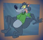 2024 3_toes 4_fingers abstract_background alternate_version_at_paywall anthro barefoot belly bent_legs big_tail biped black_eyes black_nose bodily_fluids bottom_heavy bottomless bottomless_anthro bottomless_male butt butt_from_the_front canid canine canis cheek_tuft clothed clothing colored curvy_figure dancing digital_drawing_(artwork) digital_media_(artwork) drooling drooling_tongue facial_tuft fangs feet fingers flat_colors floating_eyebrows fluffy fluffy_tail fur gavanzude glance green_clothing green_shirt green_t-shirt green_topwear grey_belly grey_body grey_fur head_tuft hi_res humanoid_feet humanoid_hands humanoid_heel knee_up lines_drawn looking_aside looking_aside_at_viewer looking_at_viewer male mammal mascot multicolored_body multicolored_fur on_one_leg paws pear-shaped_figure pink_inner_ear pinup plantigrade pointy_ears pose raised_heel raised_tail saliva saliva_string shirt shirt_only signature smile smiling_at_viewer snaggle_tooth solo splayed_fingers spread_fingers standing t-shirt t-shirt_only tail teeth teletoon tiptoes toes tongue tongue_out toony topwear topwear_only tuft two_tone_body two_tone_fur wide_hips wolf wolf_(wolf_and_gopher) wolf_and_gopher yellow_sclera