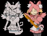 2026 ahoge animal_humanoid bell black_background bottomwear breasts cat_humanoid cat_smile cat_tail clothing cute_fangs derp_eyes doodlebob duo eyes_closed fangs felid felid_humanoid feline feline_humanoid female ghost ghost_tail gloves hair handwear heart_necklace hi_res humanoid iluvrabbitz inner_ear_fluff irritable_ghost_(deltarune) light_body light_skin mad_mew_mew mammal mammal_humanoid mew_mew_(undertale) pencil_(object) pink_(deltarune) pink_clothing pink_hair simple_background skirt spirit teeth tuft white_clothing white_gloves white_handwear