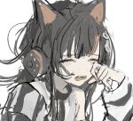  1girl animal_ear_headphones animal_ears arm_belt asymmetrical_sleeves bare_shoulders belt_collar black_choker black_hair black_nails black_sweater cat_ear_headphones cat_ears choker collar crying eyeball_hair_ornament fake_animal_ears headphones long_sleeves mahou_shoujo_no_majo_saiban multicolored_hair nail_polish off-shoulder_sweater off_shoulder open_mouth orange_nails orange_streaks pi1ne2 portrait rubbing_eyes sawatari_coco sharp_teeth shirt short_hair simple_background single_bare_shoulder solo streaked_hair striped_sleeves sweater teeth white_background white_shirt 