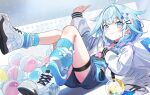  1girl 2windrill absurdres ahoge black_choker blue_hair blue_leg_warmers blue_shirt blue_shorts bow bow_legwear cellphone choker closed_mouth commentary_request earclip earrings gashapon hair_ornament hairclip highres hololive hololive_dev_is jacket jewelry leg_warmers long_sleeves low-tied_sidelocks mizumiya_su mizumiya_su_(1st_costume) multicolored_hair o-ring o-ring_choker open_clothes open_jacket phone pink_hair rekio_(mizumiya_su) shirt shoes shorts sidelocks smartphone smile sneakers stud_earrings thigh_strap two-tone_hair two-tone_leg_warmers virtual_youtuber white-framed_eyewear white_bow white_leg_warmers white_shoes 