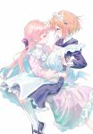  2girls :d absurdres alternate_costume apron bib_collar black_shoes blush bow bowtie closed_eyes collared_dress commentary_request contrast_collar dress enmaided face-to-face facing_another feet_out_of_frame frilled_apron frills from_side green_eyes hair_bow hairband hand_on_another's_back hand_on_another's_shoulder handkerchief highres holding holding_handkerchief juliet_sleeves kagari_mimi kimi_ga_shinu_made_koi_wo_shitai kneehighs long_dress long_hair long_sleeves looking_at_another maid maid_apron maid_headdress multiple_girls open_mouth orange_hair petticoat pink_bow pink_bowtie pink_dress pink_hair profile puffy_long_sleeves puffy_sleeves purple_bow purple_dress shoes short_hair sidelocks simple_background sitting sitting_on_lap sitting_on_person sitting_sideways small_sweatdrop smile socks surprised totsuki_shiina white_apron white_background white_hairband white_socks ydpfa yuri 