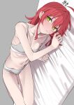  1girl absurdres ahoge bed_sheet blush bocchi_the_rock! bra bright_pupils closed_mouth collarbone flat_chest green_eyes grey_bra grey_panties highres kawai_ritsu_(rits_meg) kita_ikuyo long_hair looking_at_viewer lying navel on_side panties red_eyes red_hair ribs signature solo underwear white_pupils 
