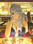  2girls absurdres bar_(place) bare_shoulders black_dress breasts brown_eyes cleavage closed_mouth collarbone commentary dress earrings english_commentary grey_hair hair_over_one_eye head_rest highres indoors jewelry large_breasts long_hair looking_at_viewer multiple_girls necklace niijima_sae notgustiarp persona persona_5 smile solo_focus 