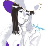  1girl black_hair blue_eyes breasts cleavage closed_mouth cowboy_hat hat highres looking_at_viewer medium_hair nico_robin one_piece simple_background smile solo spot_color white_background yoki_(ricardo_blue73) 