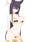  1girl absurdres alternate_costume animal_ear_fluff animal_ears bikini black_hair blue_archive blush breasts cleavage closed_mouth commentary fox_ears fox_girl gold_bikini gold_thighhighs halo highres long_hair makkura! medium_breasts navel red_eyes red_halo solo stomach swimsuit thighhighs very_long_hair yukino_(blue_archive) 