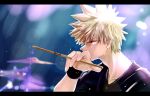  1boy adam's_apple bakugou_katsuki black_shirt blonde_hair blurry blurry_background bokeh boku_no_hero_academia bracelet commentary_request covered_mouth cymbals depth_of_field drumsticks facial_hair from_side fur_bracelet furrowed_brow hand_up highres holding holding_drumsticks instrument jewelry letterboxed looking_ahead male_focus nao_(n_sai_ao) partial_commentary profile red_eyes sanpaku shirt short_hair sideburns_stubble solo spiked_hair stubble sweat t-shirt upper_body v-neck 