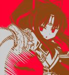  1girl armor commentary_request forehead_protector hair_ribbon high_ponytail holding holding_sword holding_weapon japanese_armor katana long_hair looking_at_viewer parted_lips ponytail qontamblue red_background red_theme ribbon sekaiju_no_meikyuu sekaiju_no_meikyuu_3 shogun_(sekaiju) shogun_2_(sekaiju) simple_background slashing solo sword upper_body weapon 