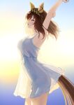  1girl absurdres animal_ears arm_up armpits blue_background braid breasts brown_hair brown_hairband buena_vista_(umamusume) checkered_hairband closed_eyes commentary_request cowboy_shot dress english_commentary from_side gradient_background hairband highres horse_ears horse_girl horse_tail long_hair medium_breasts moyashi_toufu see-through_clothes see-through_dress sideboob sleeveless sleeveless_dress solo standing stretching tail umamusume white_dress yellow_background 