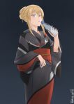  1girl alternate_costume alternate_hairstyle atodashi bismarck_(kancolle) black_background blonde_hair blue_eyes bottle commentary_request feet_out_of_frame gradient_background grey_kimono hair_bun highres japanese_clothes kantai_collection kimono long_hair looking_at_viewer multicolored_kimono sidelocks solo standing twitter_username yukata 