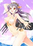  :d armpits bare_shoulders bikini black_hair blush breasts cleavage fisheye front-tie_top hairband haruna_(kantai_collection) headgear kantai_collection large_breasts long_hair looking_at_viewer navel open_mouth orange_eyes outstretched_hand porurin revision side-tie_bikini smile solo strap_gap swimsuit thighs wet 