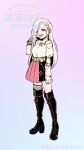  1girl :d absurdres belt black_boots black_skirt boots commentary_request corset_piercing fishnets hair_over_one_eye hand_on_own_face highres long_hair mahou_shoujo_ni_akogarete nail_polish official_art ononaka_akihiro open_mouth piercing pink_eyes pink_hair pink_skirt pleated_skirt shirt skirt smile tada_randa thigh_boots tongue_piercing torn_clothes white_shirt yellow_belt 