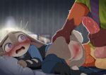  1boy 1girl @_@ animal_ears animal_penis anus ass blurry blurry_background commentary dagasi fox_boy furry furry_female furry_male green_shirt grey_fur hetero highres imminent_penetration indoors judy_hopps necktie nick_wilde open_mouth orange_fur penis police police_uniform purple_eyes purple_necktie pussy pussy_juice rabbit_ears rabbit_girl shirt striped_clothes striped_necktie sweat tail uncensored zootopia 