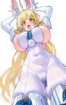  1girl absurdres animal_ears ass_visible_through_thighs blonde_hair blue_necktie blush breasts commentary_request covered_groin covered_navel elbow_gloves epaulettes gloves gratia_(silver_palace) green_eyes highres huge_breasts long_hair looking_at_viewer necktie open_mouth pang_fare pants rabbit_ears rabbit_girl rabbit_pose sideboob_cutout silver_palace simple_background solo white_background white_gloves white_pants 
