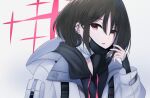  1girl bandaged_neck bandages black_hair black_hoodie blue_archive collarbone commentary hair_between_eyes halo hand_up highres hood hood_down hooded_jacket hoodie jacket long_sleeves looking_at_viewer mask medium_hair misaki_(blue_archive) mouth_mask open_clothes open_jacket parted_lips pink_halo red_eyes sidelocks simple_background sleeves_past_wrists solo upper_body white_background white_jacket wrightia 