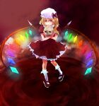  blonde_hair commentary_request crystal_wings dress flandre_scarlet frilled_socks frills glowing glowing_wings hat highres mob_cap red_dress red_shoes ribbon shoes skull socks touhou vampire wings yellow_eyes 