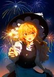  1girl absurdres aerial_fireworks apron back_bow black_hat black_skirt black_vest blonde_hair bow braid commentary_request fireworks hair_bow hat hat_bow highres holding holding_fireworks kirisame_marisa long_hair looking_at_viewer nagi_(pixiv_108409221) night open_mouth puffy_short_sleeves puffy_sleeves red_bow short_sleeves side_braid single_braid skirt smile solo sparkler touhou vest waist_apron white_apron white_bow witch_hat yellow_eyes 