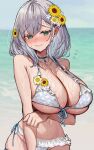  1girl absurdres arm_under_breasts bikini blue_choker breasts choker cleavage closed_mouth commentary_request day double-parted_bangs flower flying_sweatdrops frilled_bikini frills front-tie_bikini_top front-tie_top green_eyes grey_hair hair_between_eyes hair_flower hair_ornament highres hololive hololive_dreams huge_breasts jewelry medium_hair navel ocean official_alternate_costume outdoors pendant rum_raisin_(chihiromakita19) shirogane_noel shirogane_noel_(serene_wave_knight) solo stomach sunflower swimsuit underboob virtual_youtuber wavy_mouth wet white_bikini 