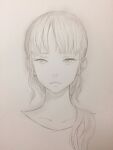  1girl blunt_bangs closed_mouth commentary_request cropped_shoulders eyelashes graphite_(medium) hair_over_shoulder highres jun_(navigavi) long_hair looking_at_viewer monochrome nose original paper_background photo_(medium) sketch solo straight-on traditional_media 