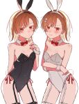  2girls :/ animal_ear_hairband animal_ears asymmetrical_bangs b.m.m bare_shoulders black_garter_straps black_leotard black_thighhighs blush bow bowtie breasts brown_eyes brown_hair commentary covered_navel cowboy_shot crossed_arms detached_collar fake_animal_ears garter_straps hair_ornament hairband hairclip highleg highleg_leotard highres leotard looking_at_viewer medium_hair misaka_imouto misaka_mikoto multiple_girls parted_lips playboy_bunny rabbit_ear_hairband rabbit_ears rabbit_tail red_bow red_bowtie siblings sisters small_breasts strapless strapless_leotard tail thighhighs toaru_kagaku_no_railgun toaru_majutsu_no_index white_background white_garter_straps white_leotard white_thighhighs white_wrist_cuffs wrist_cuffs 