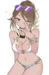  1girl bead_bracelet beads bikini bracelet breasts brown_eyes brown_hair commentary_request eyewear_on_head fingernails gradient_hair grey_nails hazaki_yoshino heart highres idolmaster idolmaster_shiny_colors izumi_mei jewelry large_breasts long_hair looking_at_viewer multicolored_hair multiple_bracelets nail_polish one_eye_closed ponytail purple-tinted_eyewear simple_background solo sunglasses swimsuit tinted_eyewear v very_long_hair white_background 